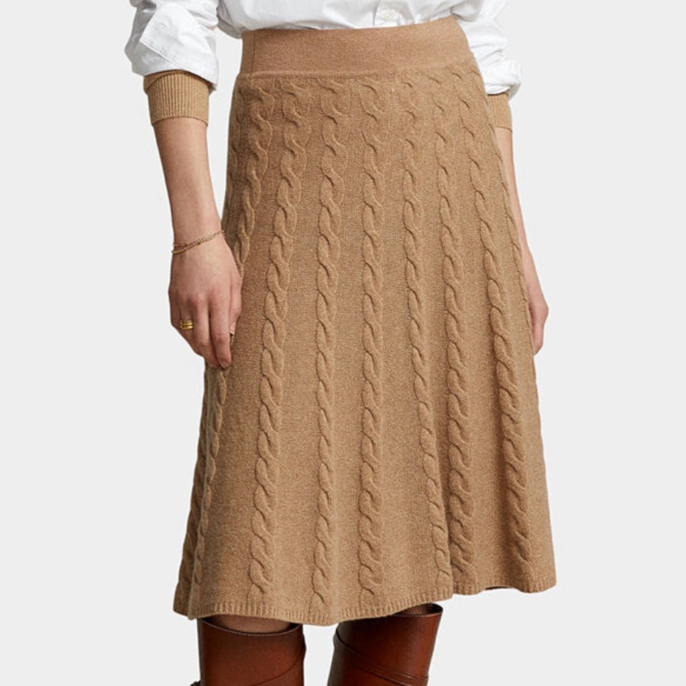 Polo Ralph Lauren Cable Knit Braided Wool Cashmere Midi Skirt